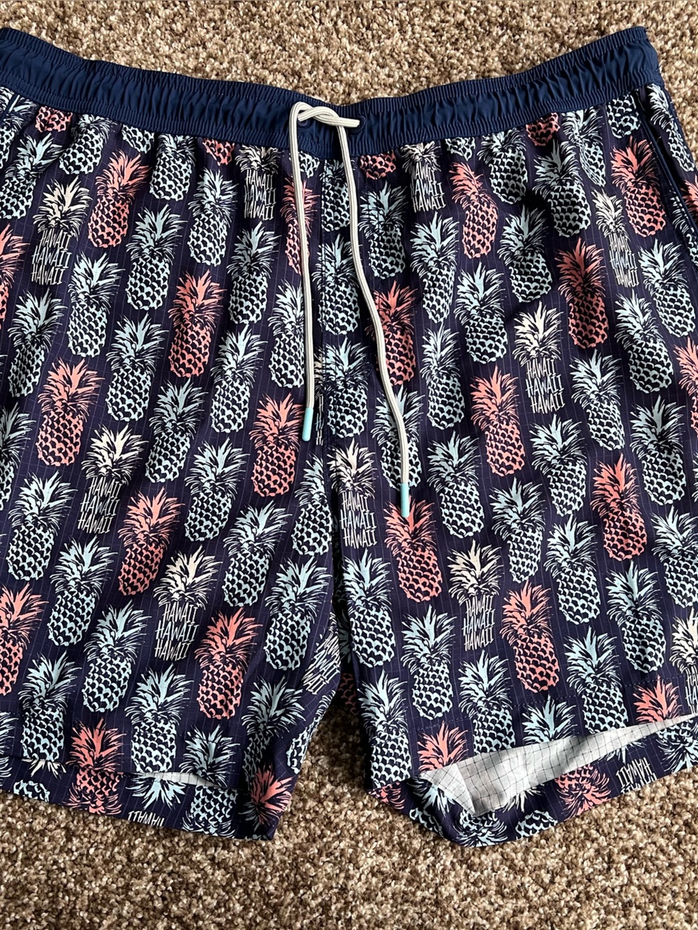 Tommy Bahama Hawaii Exclusive Navy Swim Trunks w/ Coral&Lt Blue Pineapple Print